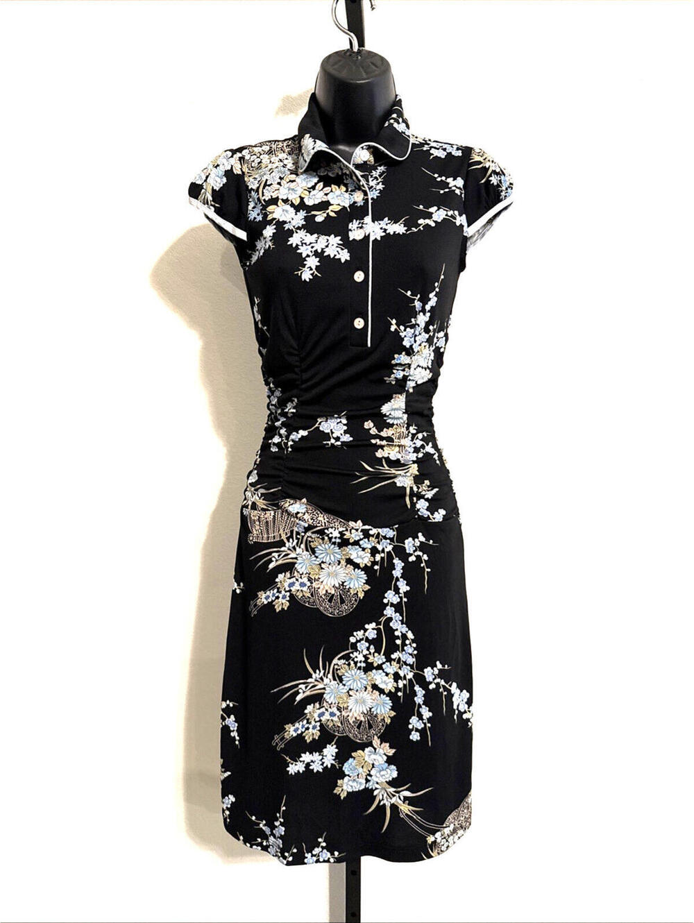 Vintage Rampage Floral Print Ruched Midi Dress Black Blue Cap Sleeve Y2K Sz: SM